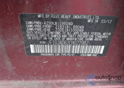 2012 Subaru Impreza 2.0I Premium z USA, uszkodzony, nr VIN JF1GJAD62CH022982